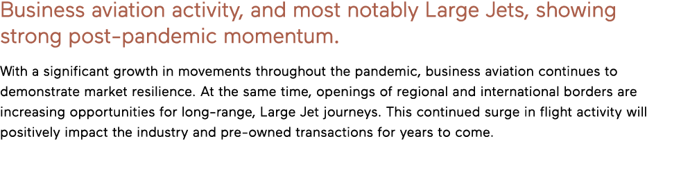 Business aviation activity, and most notably Large Jets, showing strong post-pandemic momentum  With a significant gr   